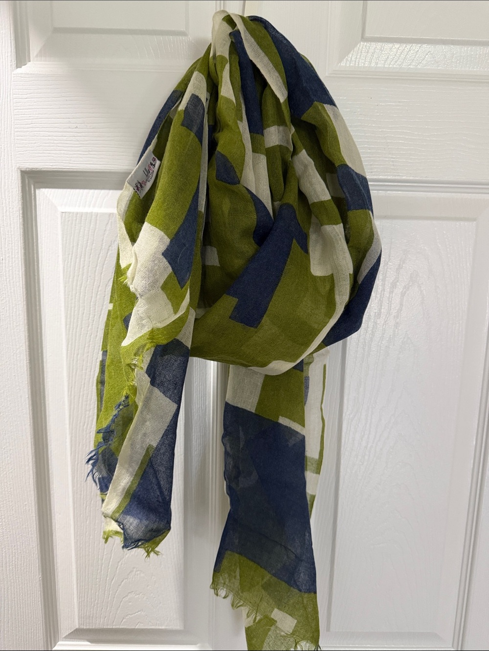 Lightweight Olive & Blue Geometric Women's Scarf - Picture 4 of 6